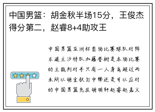 中国男篮：胡金秋半场15分，王俊杰得分第二，赵睿8+4助攻王