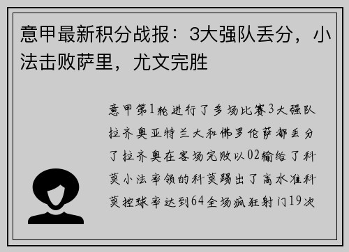 意甲最新积分战报：3大强队丢分，小法击败萨里，尤文完胜